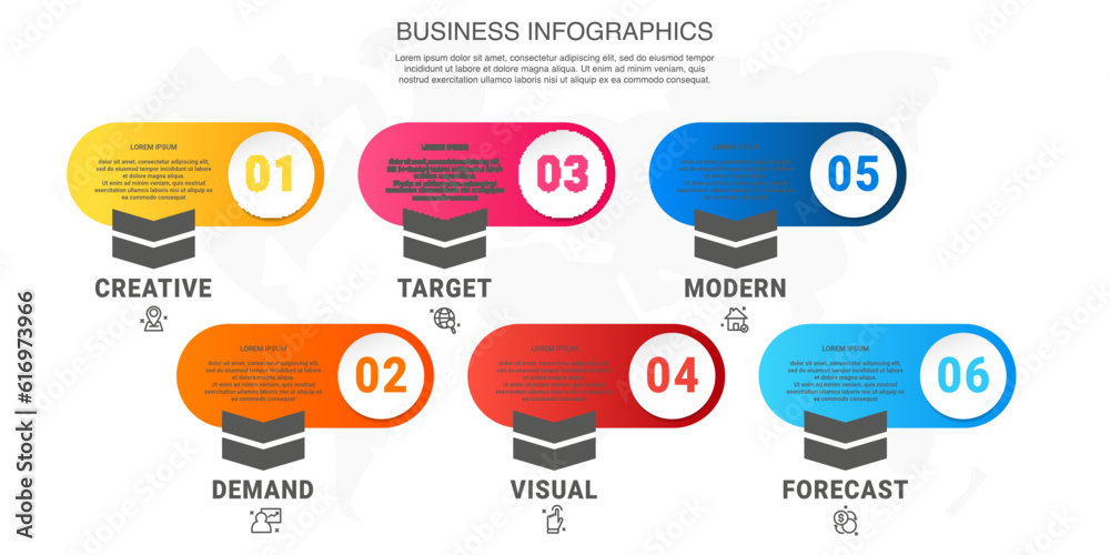 Vector modern infographic with 6 circles and arrows. 3D concept graphic process template with six steps and icons. Timeline for the business project on white background Vector modern infographic with 6 circles and arrows. 3D concept graphic process template with six steps and icons. Timeline for the business project on white background