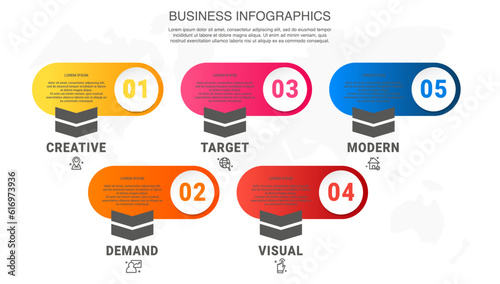 Vector modern infographic with 5 circles and arrows. 3D concept graphic process template with five steps and icons. Timeline for the business project on white background