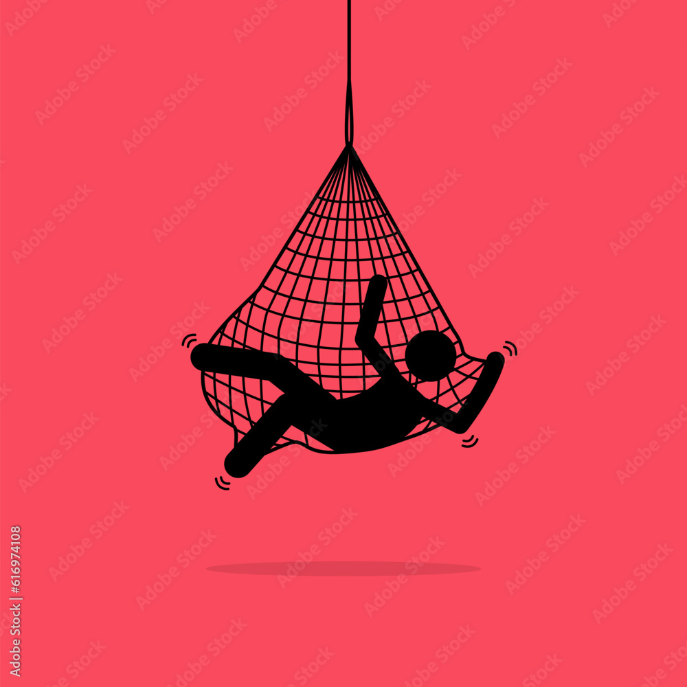 Man caught in a net trap and hung up. Vector illustration depicts concept of trap, tangled, problem, helpless, restrained, tricked, crisis, and entangled. - obrazy, fototapety, plakaty 