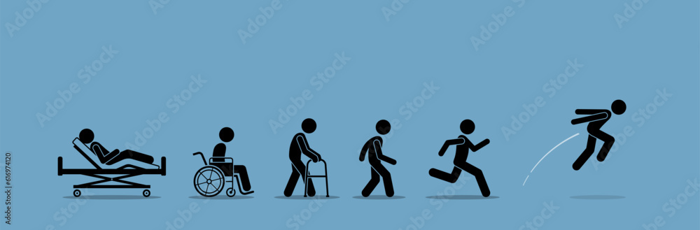 A sick injured person recover and regain his health after step by step rehabilitation and health improvement.  Vector illustration depicts concept of healing, healthy again, and getting better. - obrazy, fototapety, plakaty 