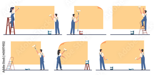 Men and women use rollers and brushes to glue posters with advertisement. Professional builders paint walls and wallpaper, copy space for ad. Cartoon flat style isolated vector set