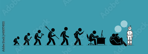 Evolution of human technology AI artificial intelligence chatbot robot timeline. Vector illustration depicts concept of future, digital transformation, gpt, robotic age, and technologies change.