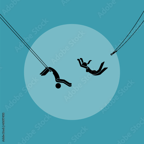 Two trapeze artist performing in acrobatic circus aerial stunt. Vector illustration depicts concept of trust, reliability, confidence, belief, entrust, commitment, and faith. photo