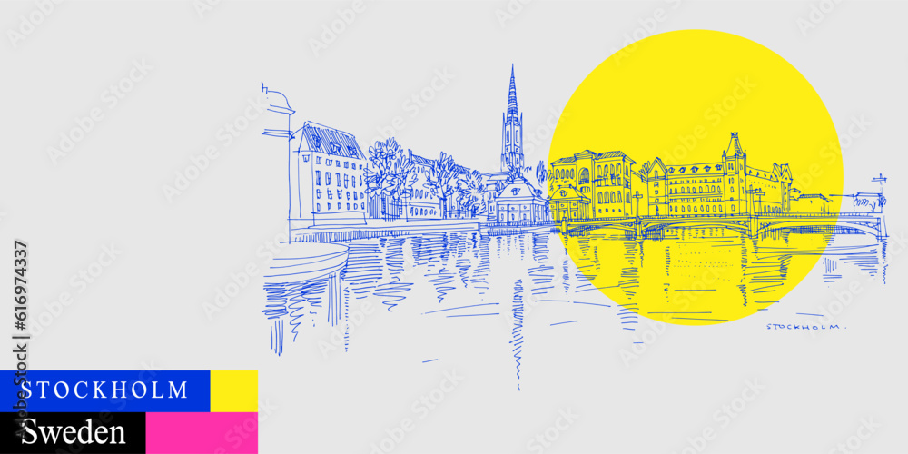 Vector Stockholm postcard. Panorama of Stockholm, Sweden, Scandinavia, Europe. Gamla Stan (Old town) travel sketch in bright vibrant colors. Modern hand drawn Swedish touristic poster illustration