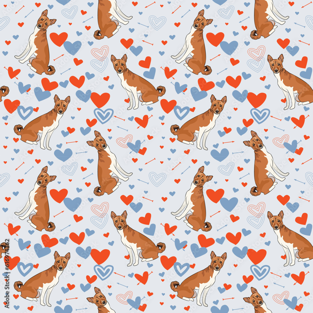 Fototapeta premium Basenji dog Valentine's day bright heart wallpaper. Love doodles hearts holiday square background, repeatable pattern. St Valentine's day wallpaper, valentine's present, print tiles. Pastel colors.