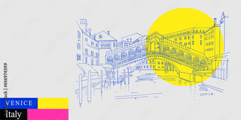 Vector Venice, Italy, Europe postcard. Famous Rialto bridge across Grand canal. Artistic Venezia travel sketch drawing in bright vibrant colors. Modern hand drawn touristic poster, book illustration - obrazy, fototapety, plakaty 