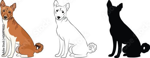 Basenji silhouette, outlined graphic. Sitting pose Congo dog. Cute dog characters, design for print, cute cartoon vector set. One color design. Ango angari art, hand-drawn style.Red Basenji with white