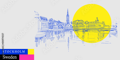 Vector Stockholm postcard. Panorama of Stockholm, Sweden, Scandinavia, Europe. Gamla Stan (Old town) travel sketch in bright vibrant colors. Modern hand drawn Swedish touristic poster illustration