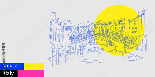 Vector Venice, Italy, Europe postcard. Famous Rialto bridge across Grand canal. Artistic Venezia travel sketch drawing in bright vibrant colors. Modern hand drawn touristic poster, book illustration photo