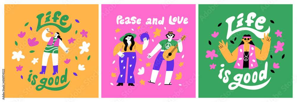 Fototapeta premium Posters in the hippie style. Bright retro postcards with funny people from the 70s. Typography and lettering. Flat illustration