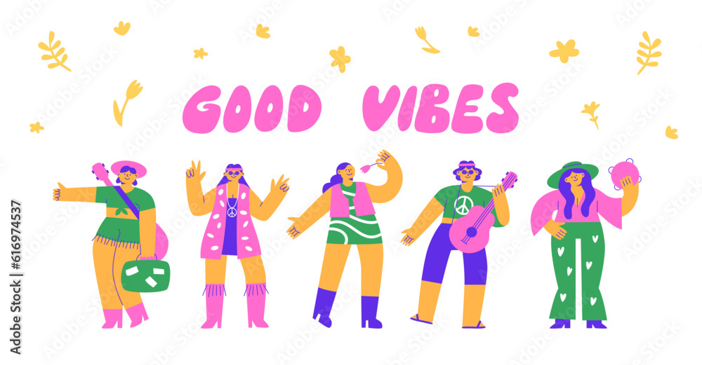 Funny bright hippies. Happy people in the style of the 70s smile, play guitar, dance. Vector flat illustration Funny bright hippies. Happy people in the style of the 70s smile, play guitar, dance. Vector flat illustration