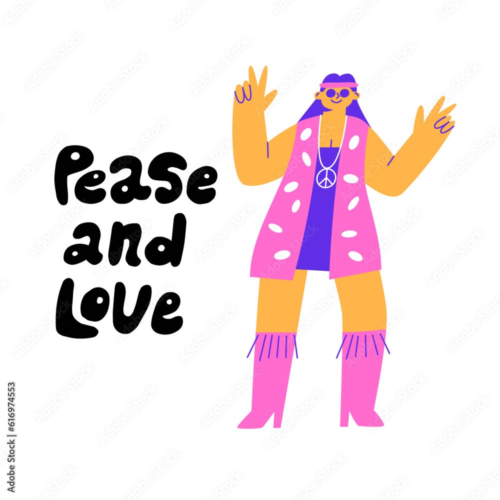 Obraz premium Funny Hippie girl. Peace and Love typography. the woman shows a gesture. Bright flat illustration