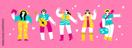Funny bright hippies. Happy people in the style of the 70s smile, play guitar, dance. Vector flat illustration