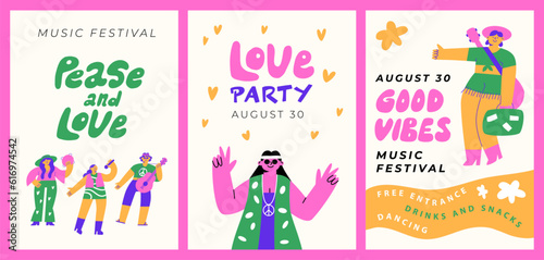 Hippie-style posters about a music festival. Bright retro postcards with funny people from the 70s. Typography and lettering.