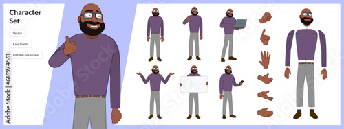 Illustration of black man with beard, wearing business casual clothing in a set of multiple poses. Easy to edit with editable line strokes and isolated on white background. Suitable for animation.