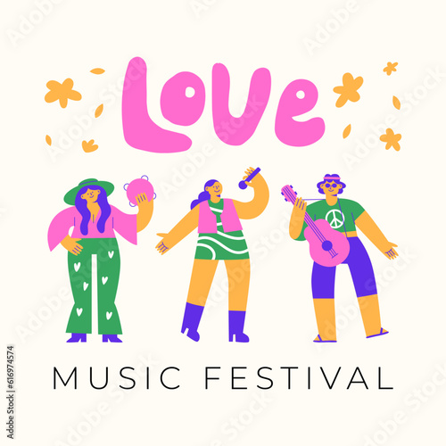 A hippie music group. Musicians at a concert of the 70s. Bright retro illustration. Music festival. Flat vector
