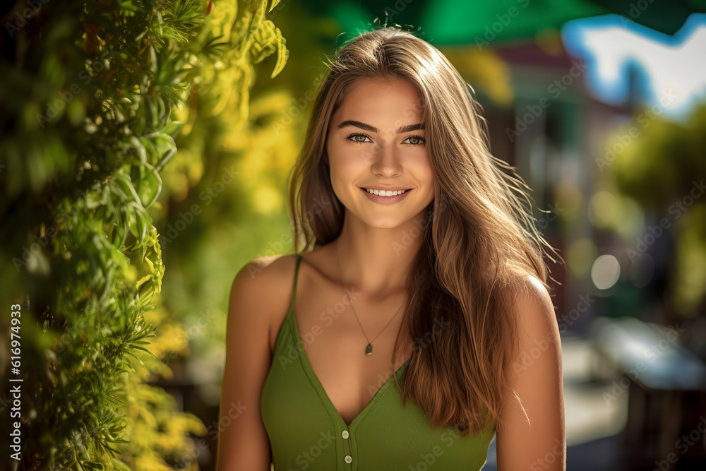 Radiant Beauty: A Stunning Brunette in a Green Low-Cut Dress, Flourishing in a Serene Garden, ai generative Radiant Beauty: A Stunning Brunette in a Green Low-Cut Dress, Flourishing in a Serene Garden, ai generative