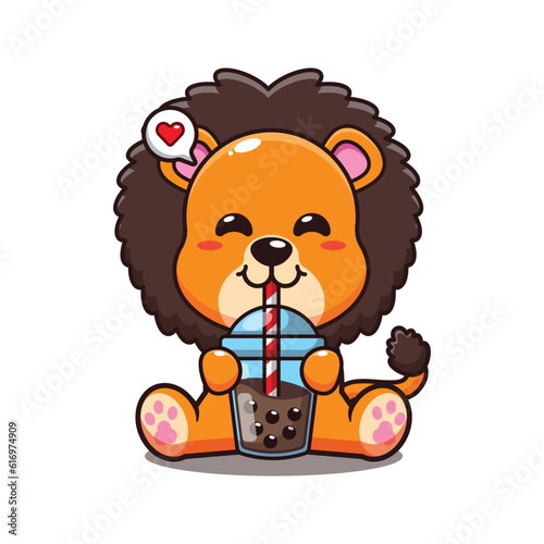cute lion drink boba milk tea cartoon vector illustration.