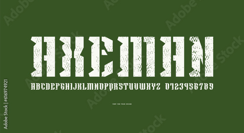 Stencil-plate serif font in military style
