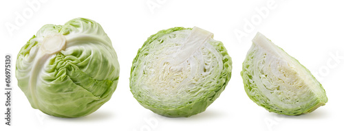 Set of young cabbage, half and a piece on a white background. Isolated