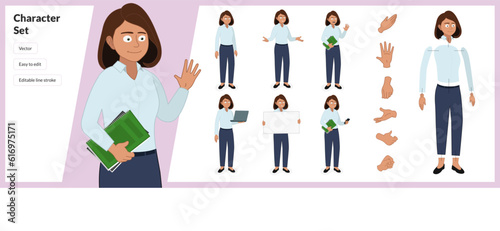 Illustration of young woman, wearing business casual clothing and glasses in a set of multiple poses. Easy to edit with editable line strokes and isolated on white background. Suitable for animation.