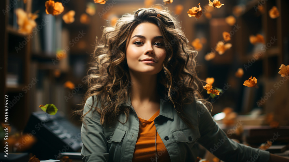 Smiling successful business woman after a completed project, office concept, personnel management Smiling successful business woman after a completed project, office concept, personnel management