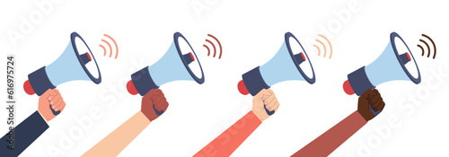 Set of different hands with megaphones. Loudspeaker in people arms, sound attention equipment, advertising or promotion tools, audio broadcasting, cartoon flat isolated illustration. Vector set