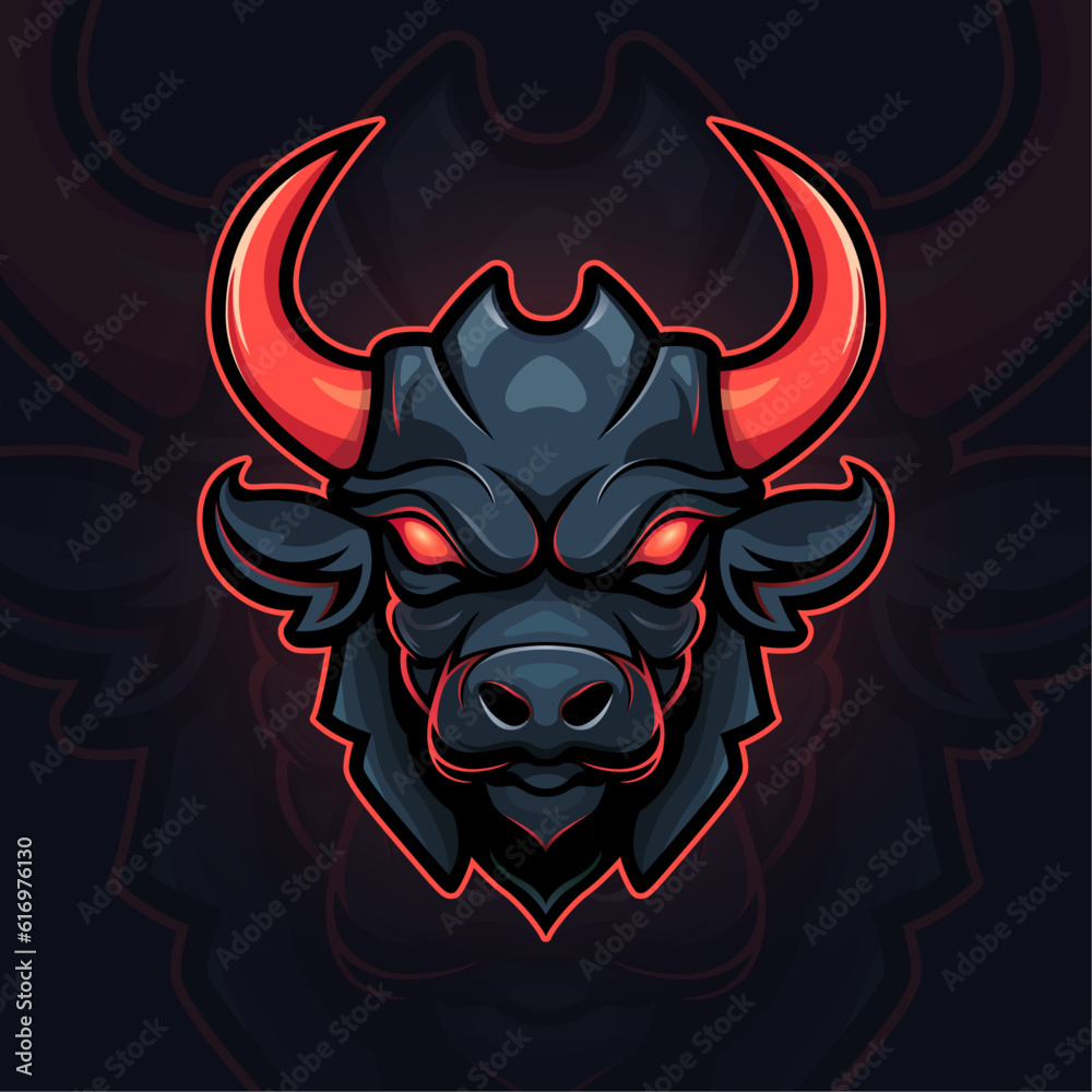 Bullhead logo for gaming or esport team, esport logo, animal logo, modern bull logo with red horn and glowing red eyes Bullhead logo for gaming or esport team, esport logo, animal logo, modern bull logo with red horn and glowing red eyes