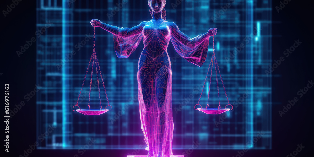 digital crime law lawsuit judiciary jurisprudence concept scales of justice Themis statuette on internet technology web cyber background. generative ai illustration
