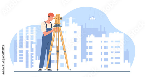 Surveyor takes measurements with equipment at site under construction. Professional engineer with geodetic device, level theodolite on tripod, cartoon flat isolated illustration. Vector concept