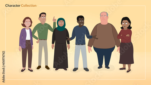 Collection of six diverse illustrated characters in business casual clothing.
