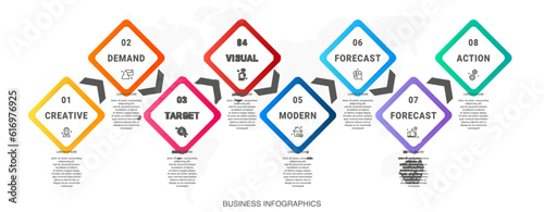 Business vector infographics with rhombus and arrows for eight diagrams, graphs, timelines, charts. The modern concept with 8 options and icons used with flowchart, content, steps, marketing