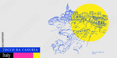 Vector Tocco da Casauria, Pescara, Abruzzo, Southern Italy postcard. Church, castle and vinery landscape drawing. Bright travel sketch. Modern hand drawn touristic poster, wine package illustration