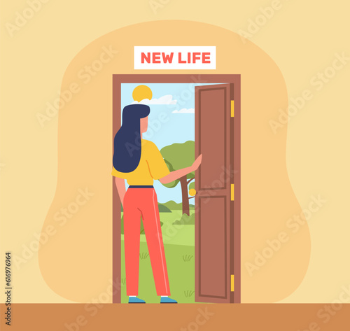 Woman opens door to new life, takes first step into future. Happy life, change mind, personal growth and path to success and freedom. Cartoon flat isolated vector mental health concept