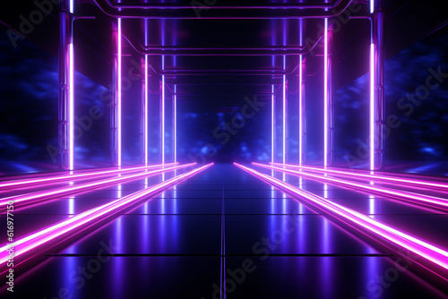 Futuristic neon glowing background. Light show background with neon style elements. Background, wallpaper, screensaver. Generative AI