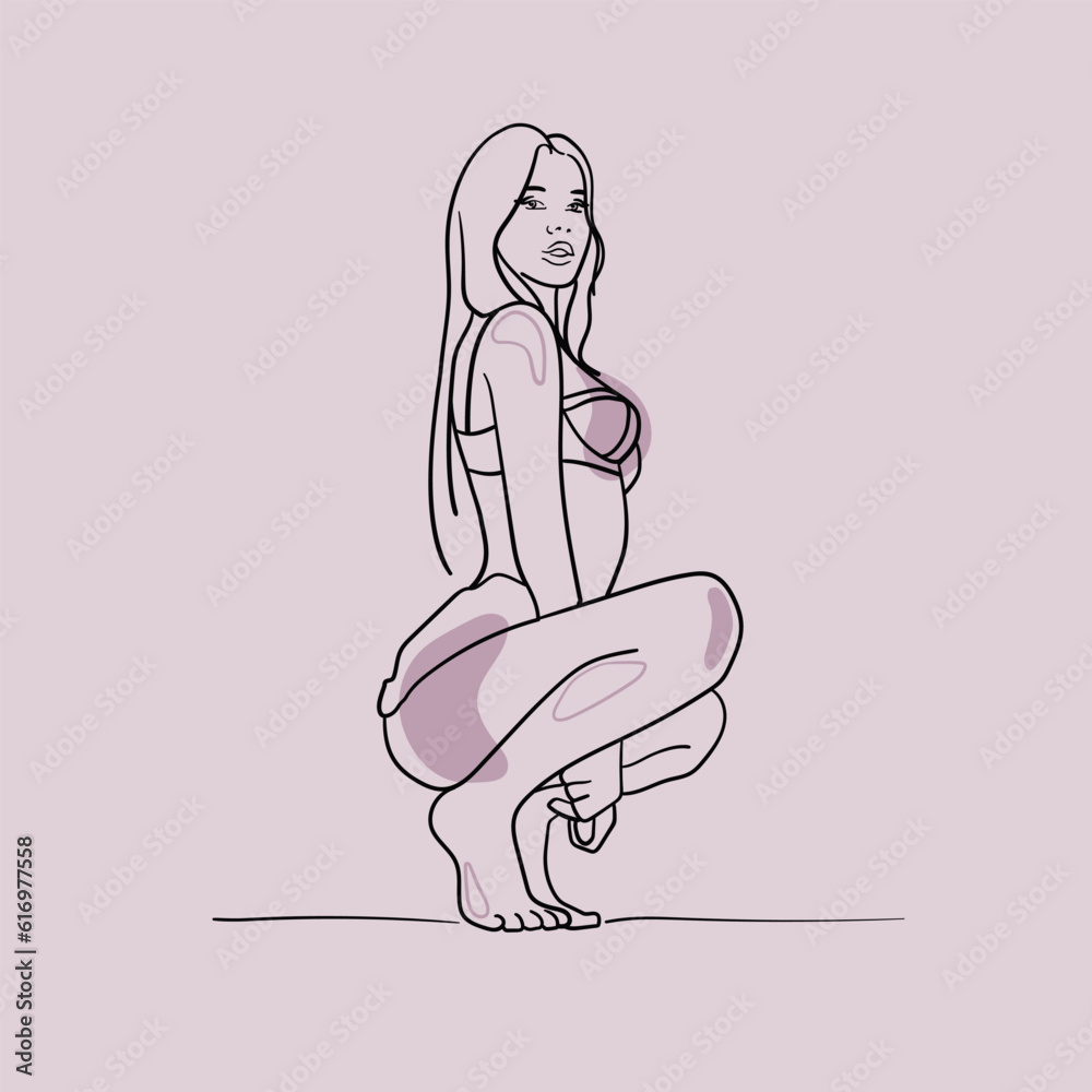 Girl in underwear on a pink background. Sex shop design. Female sexuality. Vector illustration in line art style Girl in underwear on a pink background. Sex shop design. Female sexuality. Vector illustration in line art style
