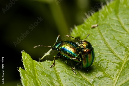 Green beetles (Chrysomela varians) during copulation. Macro.