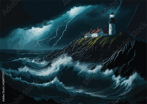 oil-painting-style image of a tranquil beach at twilight, with a lone lighthouse standing tall against the darkening sky. Capture the warm, golden light emanating from the lighthouse, and showcase the