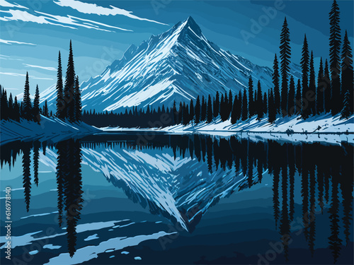 a snowy mountain range with a lake surrounded by snow covered mountains in the foreground and a cloudy sky in the background, with a few clouds in the foreground. Vector illustration