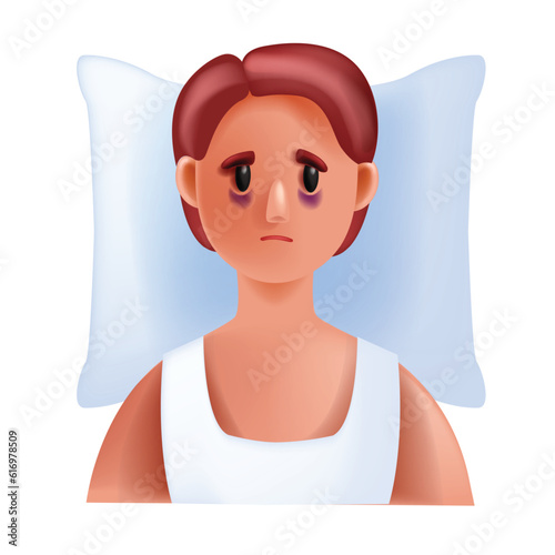 3D insomnia icon, vector woman sleep disorder, cartoon female character mental illness, pillow. Sleepless stressed girl, tired sad face, person anxiety suffer headache. 3D insomnia fatigue concept