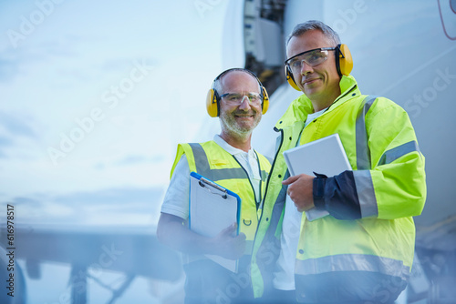 Portrait confident air traffic control ground crew workers digital tablet near airplane on tarmac