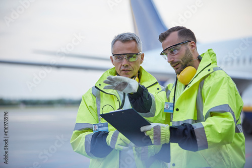 Air traffic control ground crew workers clipboard talking on airport tarmac