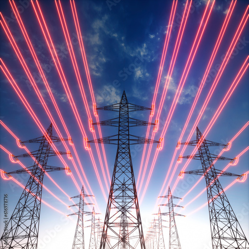 High voltage transmission towers with red glowing wires against blue sky - High energy concept