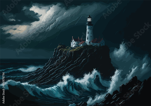 oil-painting-style image of a tranquil beach at twilight, with a lone lighthouse standing tall against the darkening sky. Capture the warm, golden light emanating from the lighthouse, and showcase the