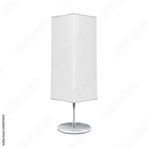 Rotating 3 or 4 sided banner stand realistic vector mockup. White blank display board mock-up. Template for design