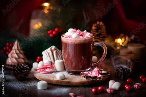 Christmas drink. Cacao in red cup, fir, marshmallows on bokeh background