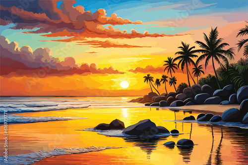 colorful sea landscape with island, morning on sea, wave, illustration, Oil painting paints on a canvas.