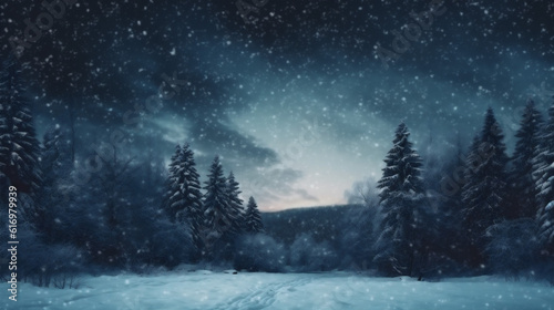 background night fir sky tree year holiday snow white new winter christmas. Generative AI. © SHOTPRIME STUDIO