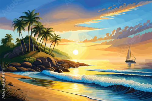 colorful sea landscape with island, morning on sea, wave, illustration, Oil painting paints on a canvas.