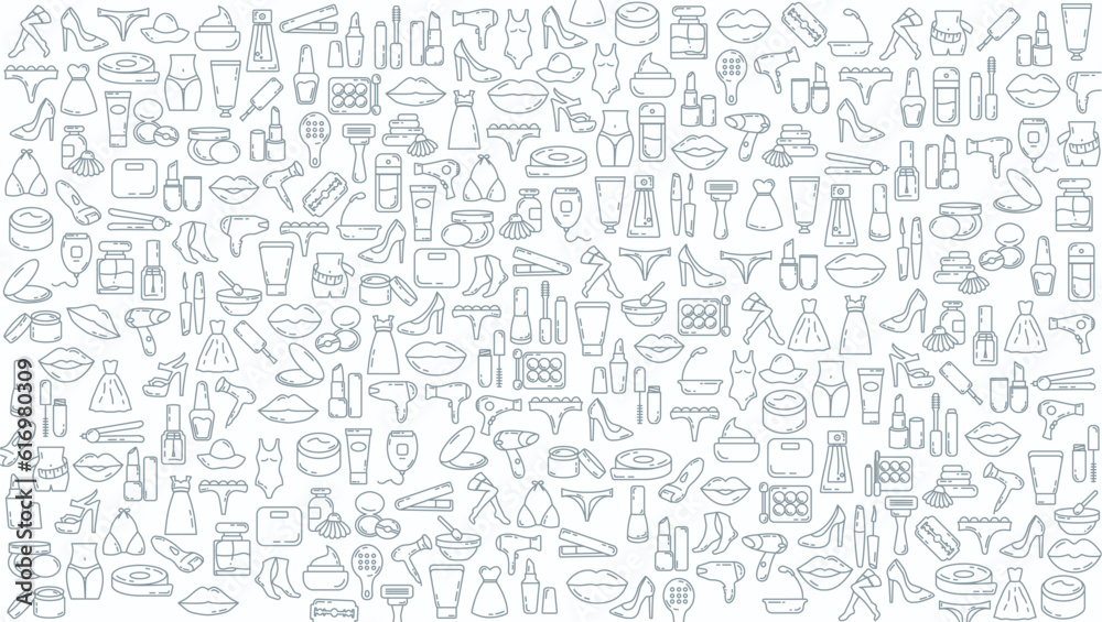 cosmetic and makeup doodle background. beauty cosmetic line icon background